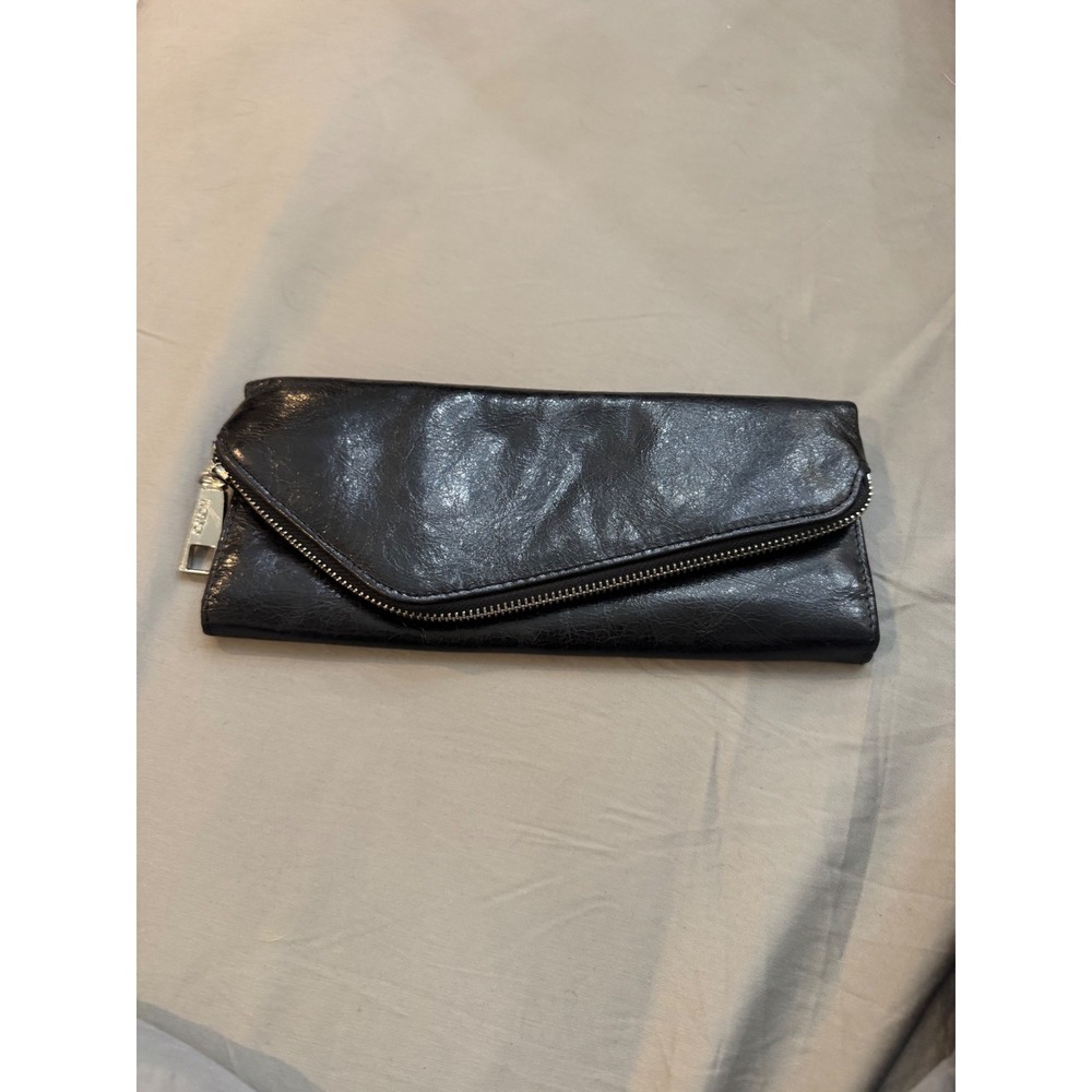 Hobo International Alice Black Glazed Leather Wallet Clutch Floral Lining